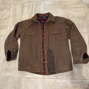 Dickies Mens L Hooded Heavy Workwear Jacket Brown Full Zip Snap Lined Distressed